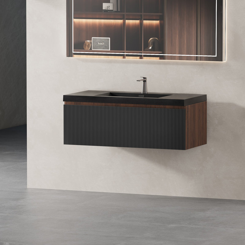 Meuble-lavabo flottant avec lavabo, Noyer, Noir, 35"