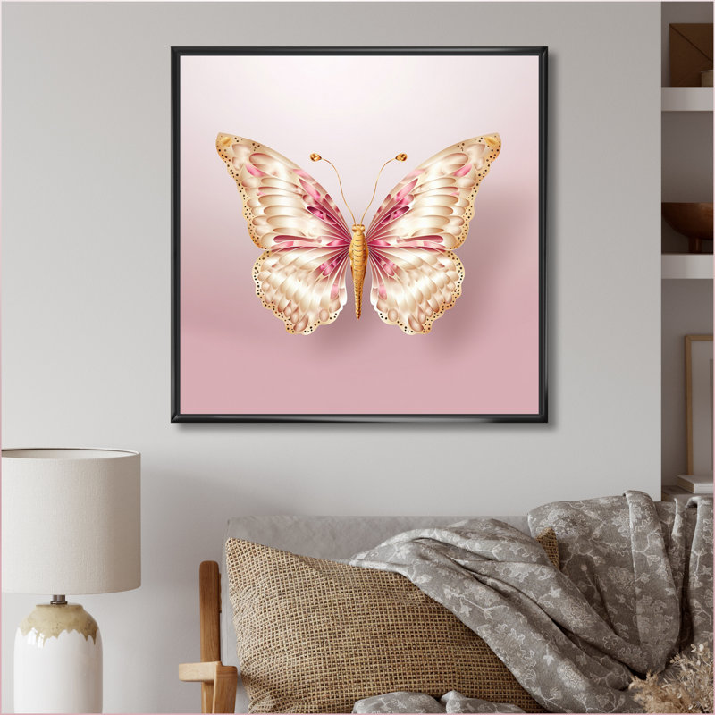 «Pink and Gold Butterfly I», reproduction d'art sur toile, Cadre flottant noir, H 24 po x l 24 po x P 1 po