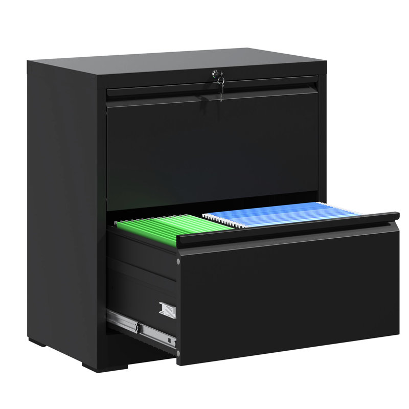 Black 2 Drawer Lateral Filing Cabinet, Cold - Rolled Steel Construction, Quiet Slide Rails, Adjustable Hanging Bar, Large Space For Letter/A4/F4 Folders, Lockable Drawers Cabinet Home Office,