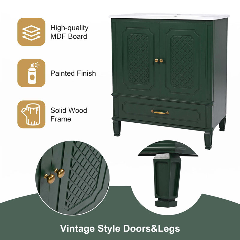 Meuble-lavabo 30 po avec lavabo style rétro, Vert foncé, Doré