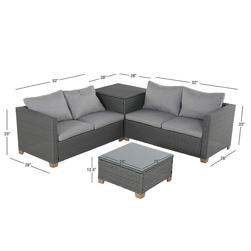 Ensemble de 4 pièces en osier avec boîte de rangement et table basse en rotin