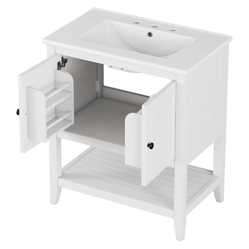 White 30" Modern Bathroom Vanity with Ceramic Sink and Solid Wood Frame