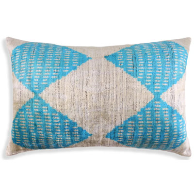 Handmade 16X24 Turquoise Silk Velvet Throw Pillow – Luxury Geometric Lumbar Cushion