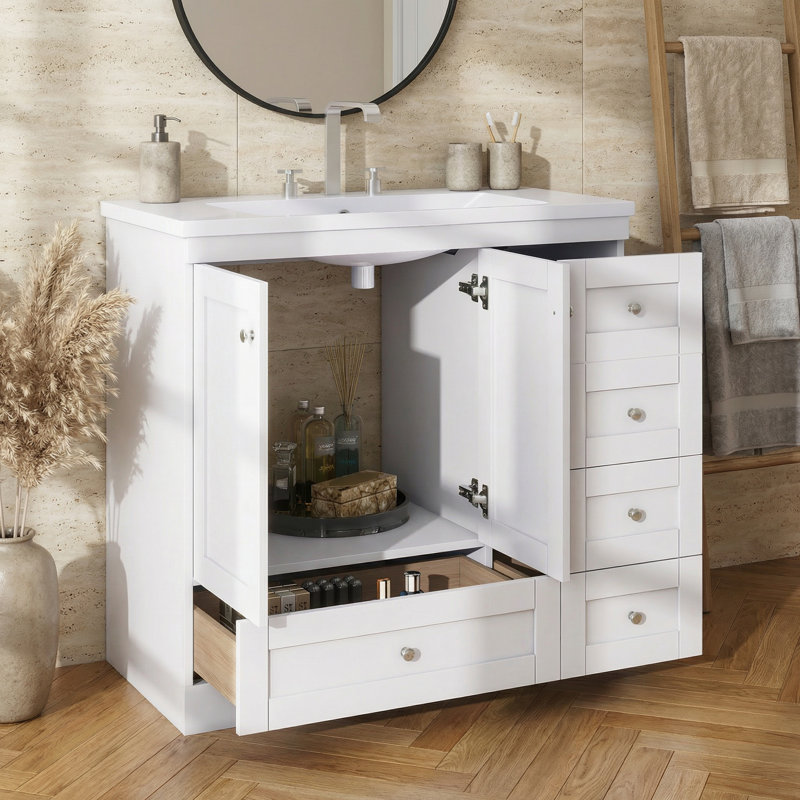 Meuble-lavabo sur pieds 36 po avec lavabo à fermeture douce et 2 portes 36 po Shaker, Blanc