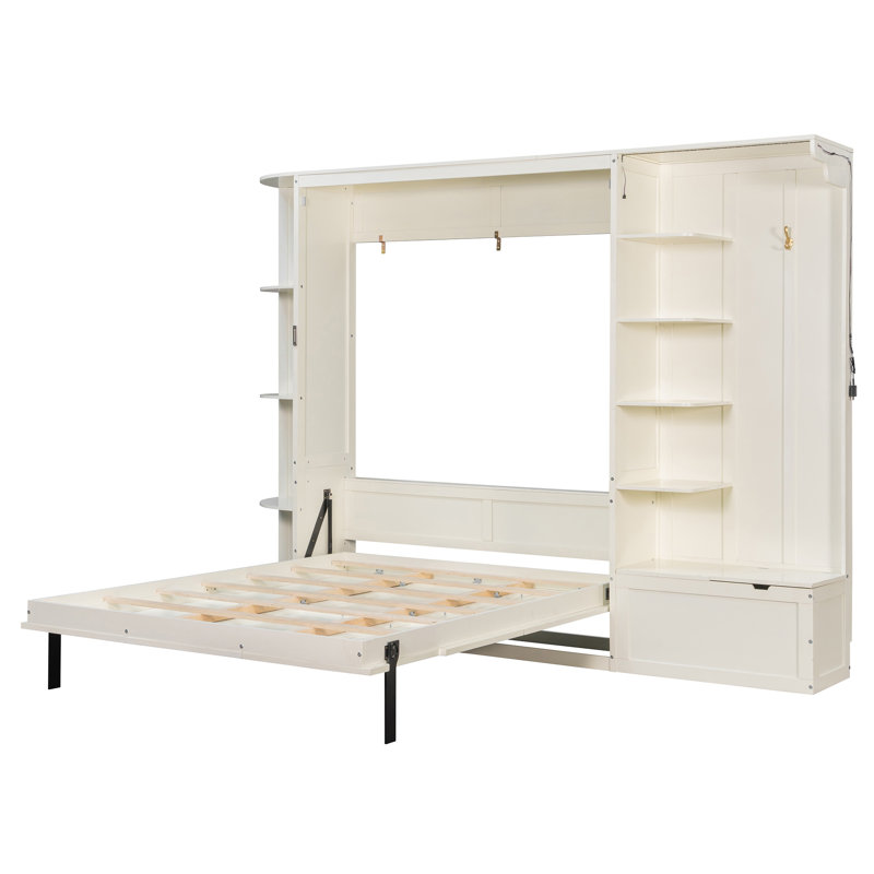 Lit escamotable multifonctionnel avec armoires de rangement intégrées et lumières DEL, lit pliable caché en placage de chêne pour les petits espaces
