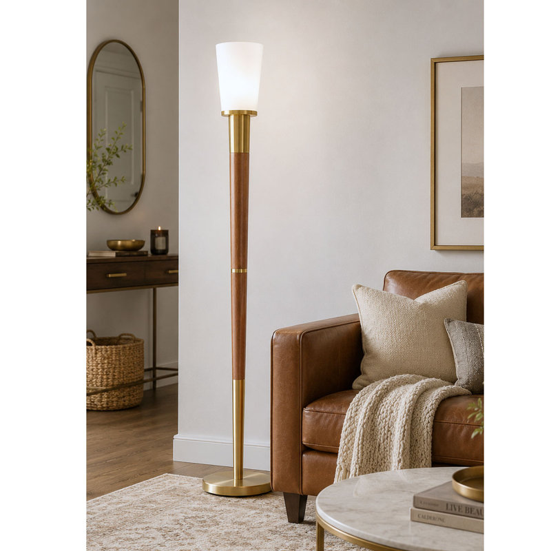 Lampe sur pied 73 po Vanover, Laiton brossé / Noyer