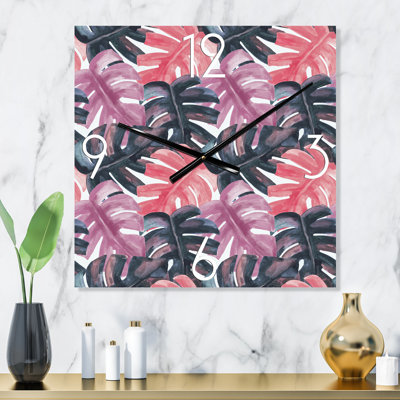 Colored Monstera On Rough Brush Strokes II - Tropical Wall Clock