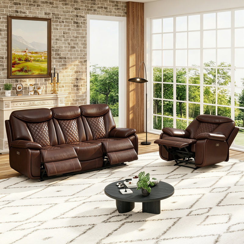 Saneela Breathable Leather Power Reclining Living Room, Classic Espresso Faux Leather