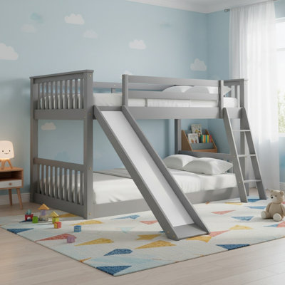 Solid Wood Twin Over Twin Bunk Bed with Convertible Slide and Ladder