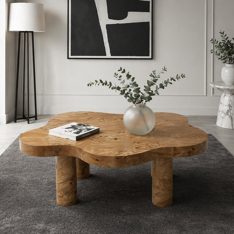 Table basse moderne de 40 pouces en forme de nuage, équipée de 4 pieds ronds pour assurer la stabilité structurelle, convenant à la décoration du salon, des appartements et des petits espaces avec un motif de nœuds d'arbre