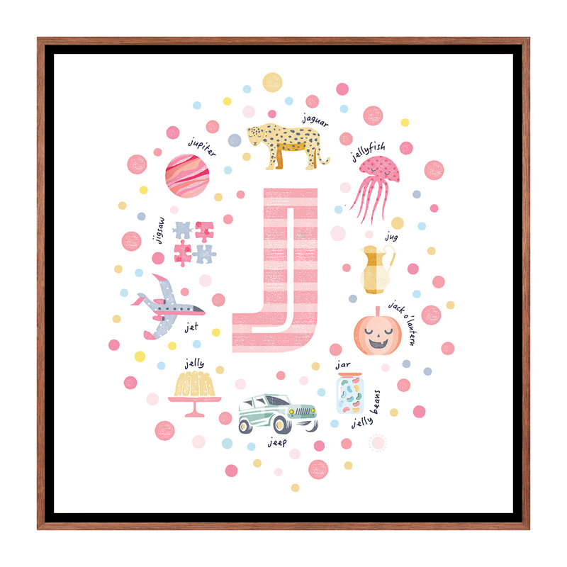Lettre illustrée J rose - impression, Pas de tapis, H 18 po x l 18 po x 1,5 po, Toile avec cadre brun