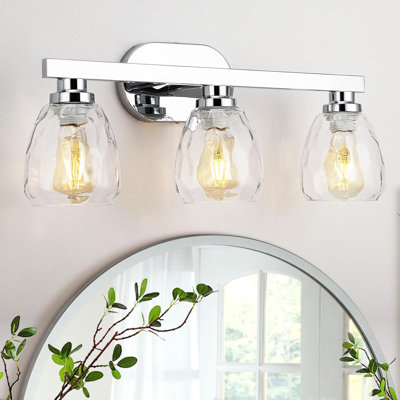 Luminaires de salle de bain, luminaire de salle de bain chromé 3 lumières au-dessus d'un miroir avec abat-jour en verre martelé
