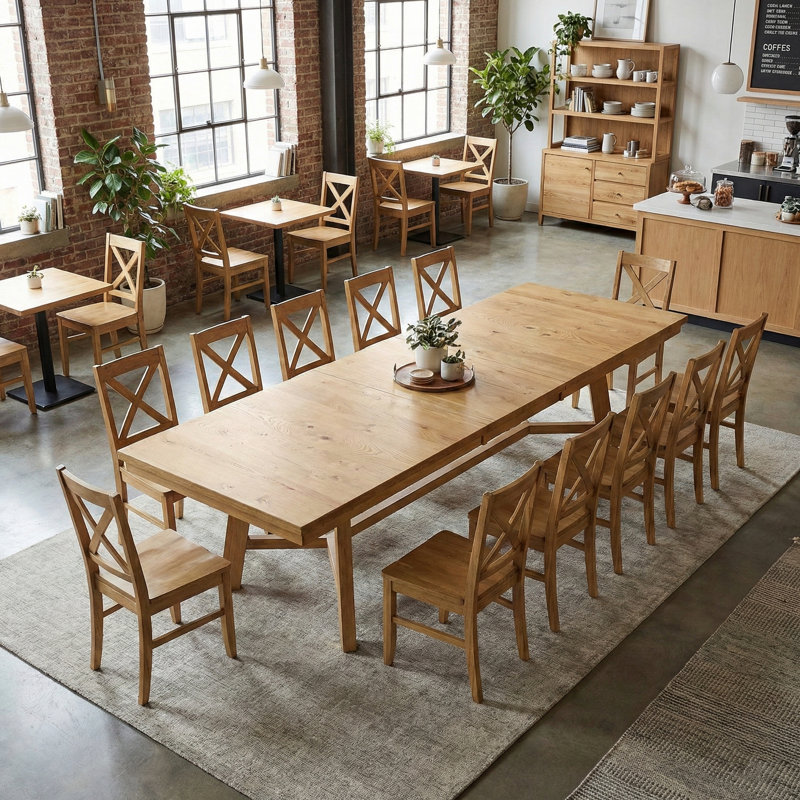 Oaklyn Modern Extendable Rectangular Dining Table Set, Light Yellow Wood, 13 Pieces: Table, 12 Chairs