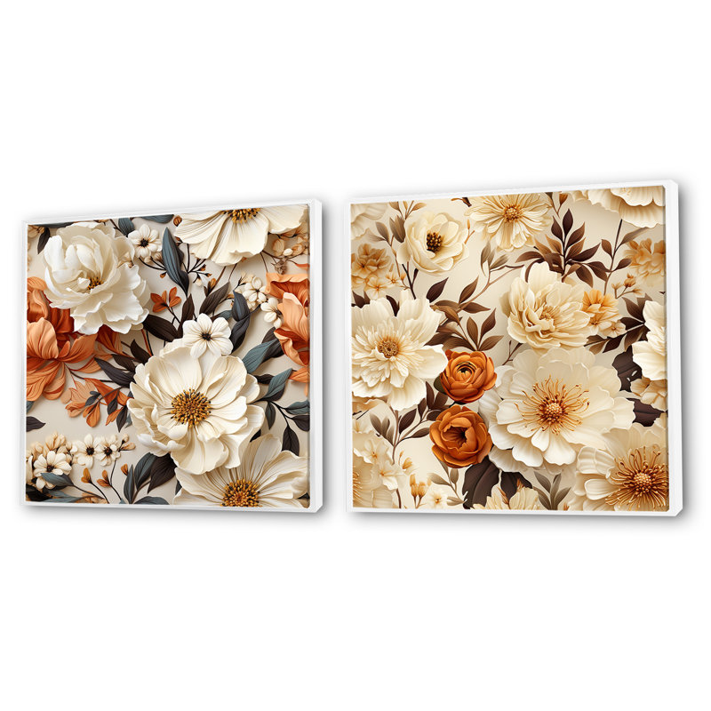 Thatcham - Ensemble de 2 collages floraux carrés, Cadre flottant blanc, H 16 po x l 33 po