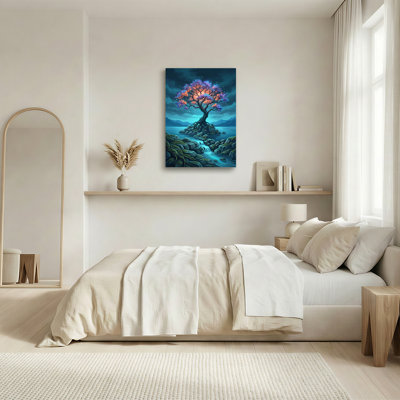 Arbre lumineux aux feuilles violettes et orange sur une île rocheuse - Tableau sur toile