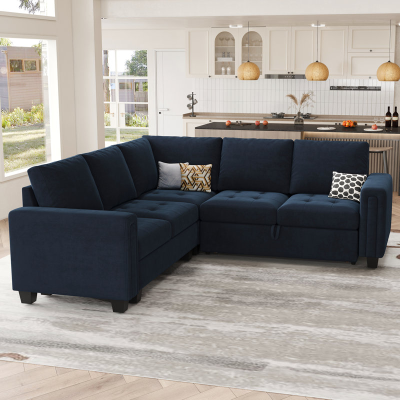 Canapé-lit modulaire en L Shavera, Velours bleu
