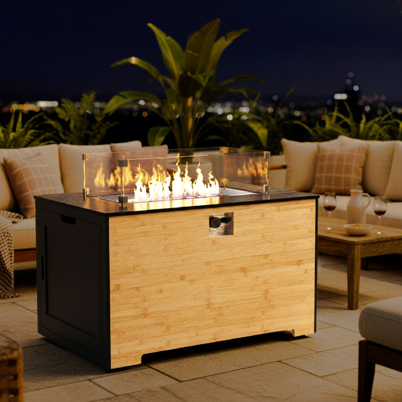 25.4" H X 43" W Outdoor Propane Fire Pit, 50,000 Btu Heat Output, Wooden Rectangular Fire Pit Table With Built-In Storage And Concealed Fuel Tank Design