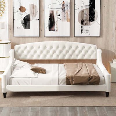 Lit de jour double beige avec cadre en bois massif, forme de lattes et atmosphère naturelle, multifonctionnel pour un décor moderne de taille intérieure, pieds stables sans grincement, idéal pour tout espace de vie