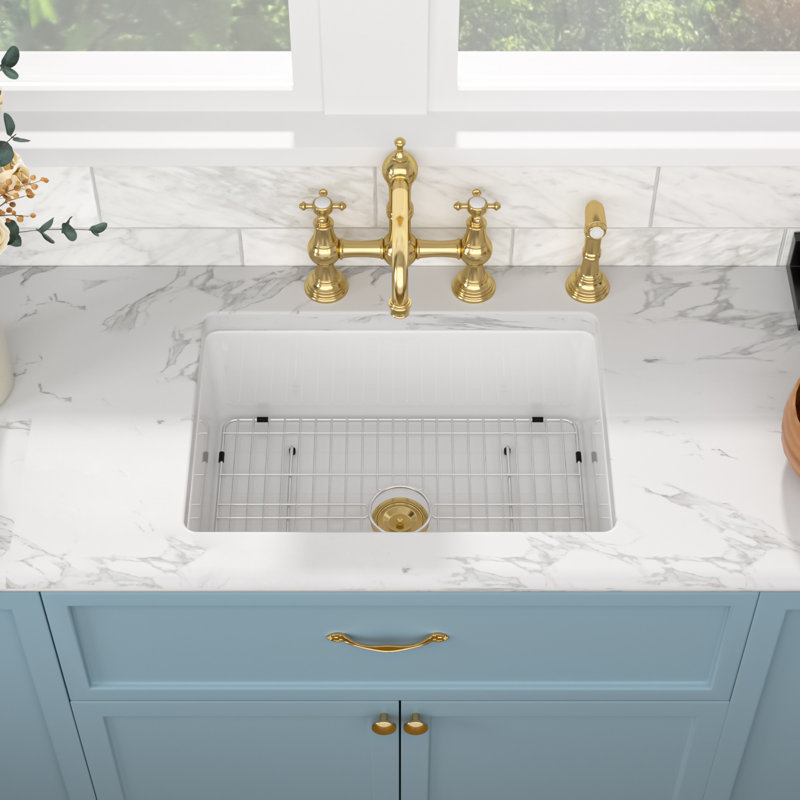 32" L x 19" W Ceramic Drop-In/Undermount Kitchen Sink Single Bowl Sink with Basket Strainer and Sink Grid, Gold