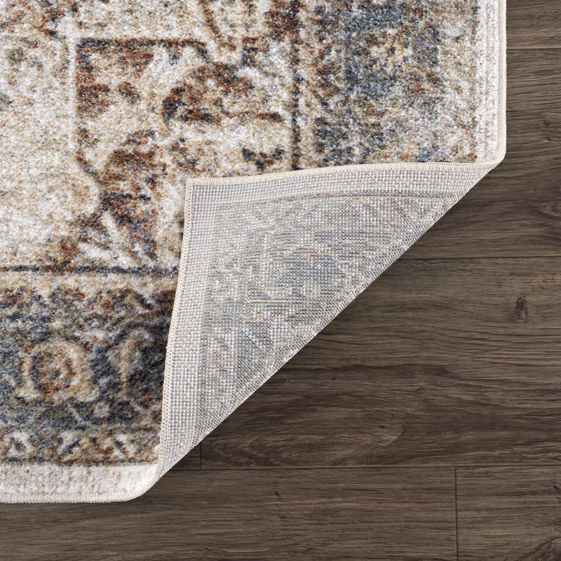 Light Blue and Beige Synthetic Washable Rectangular Area Rug
