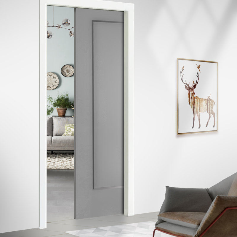 Porte de placard coulissante à panneaux en bois manufacturé, 36 po x 80 po, Gris clair
