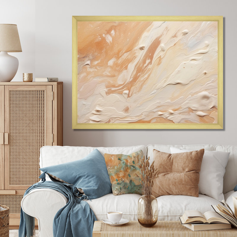 Crème marbrée Melody I - impression sur toile abstraite, H 12 po x l 20 po x P 1 po, Cadre doré à une seule photo