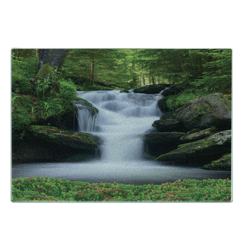 Ambesonne Nature, planche à découper en verre trempé, arbres, chute d'eau, vert, blanc