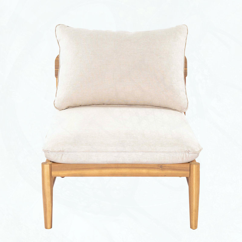 Canapé sans accoudoirs en bois d'acacia avec coussins beiges, finition teck clair