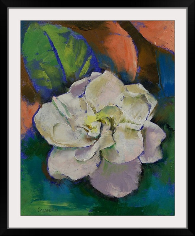 «Anjlee Gardenia Flower» par Michael Creese, reproduction d'art, H 28 po x l 24 po x P 1 po, Cadre noir
