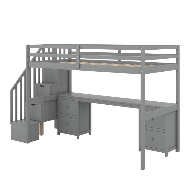 Twin Size Loft Bed With Built-In Desk And Drawer, Gray