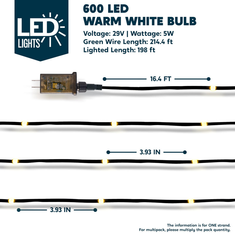 600 LED Christmas String Lights Outdoor, White, 1.97"