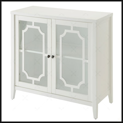 Console blanche avec 2 portes en verre et une conception en bois, beaucoup de rangement pour les objets décoratifs et les objets de collection.