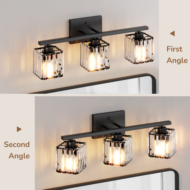 24'' 3 Light Black/Gold Dimmable Vanity Light With Crystal Glass Shade, Black