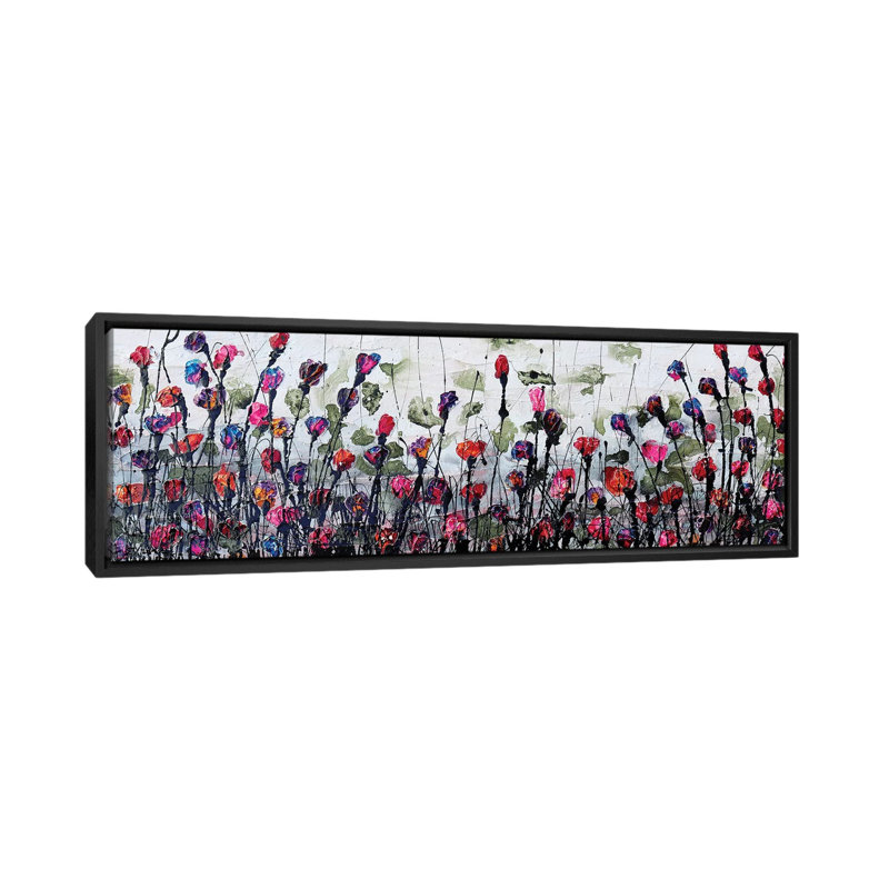 Fantatic Poppies by Donatella Marraoni - Panoramic Painting on Canvas, 30.48 cm H x 91.44 cm W, Black Framed