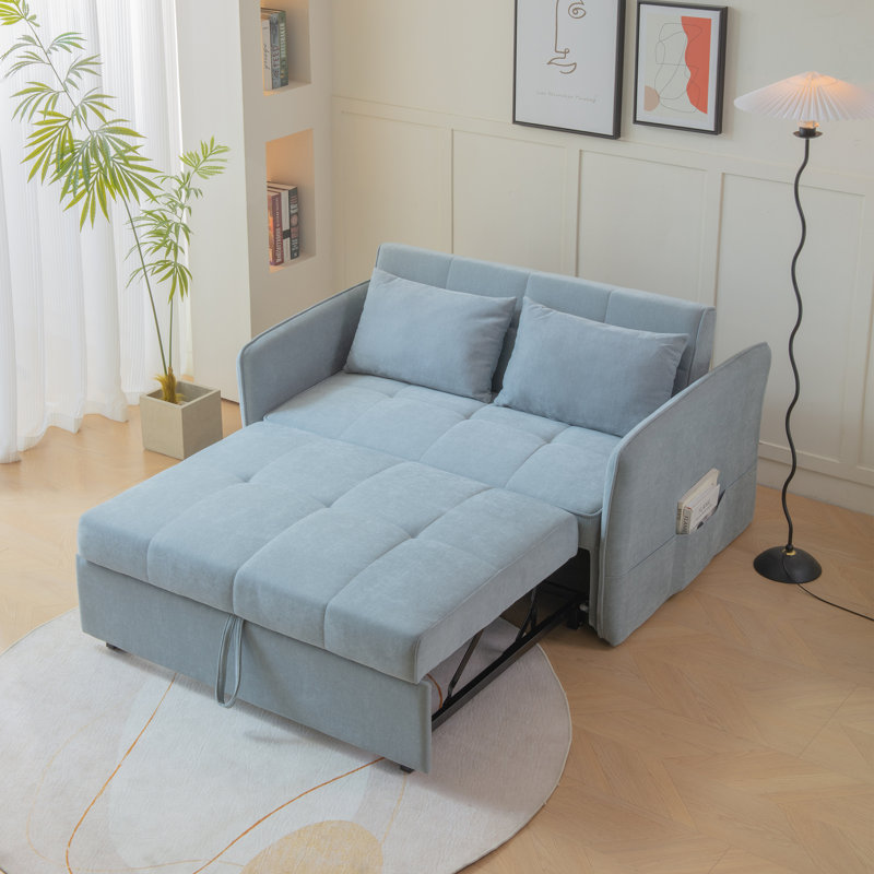 Salom 53.5'' Convertible Sofa Bed 3-in-1 Reclining Sleeper With Ajustable Armrests, Chenille Blue