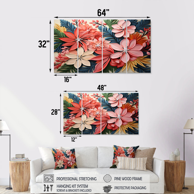Ensemble d'art mural rose 4 pièces, H 28 po x l 48 po