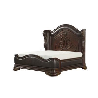 Grand lit royal traditionnel rembourré en bois sculpté clouté garniture à oreilles cerisier foncé finition formelle élégante mobilier de chambre 1pc