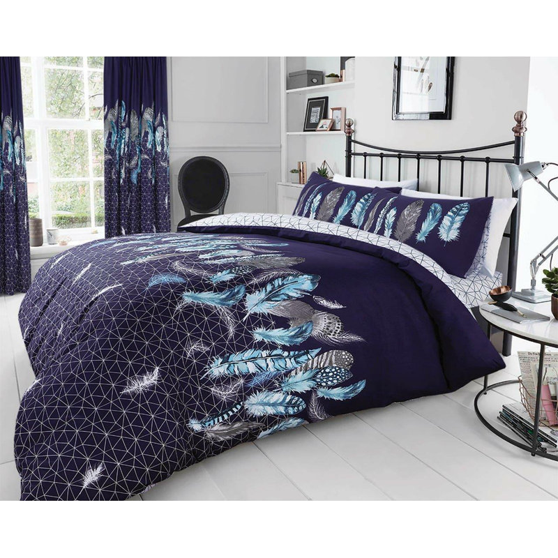 Modern Feather Design Duvet Cover Set with Matching Pillowcases - Polycotton Fabric Bedding, Double, Navy