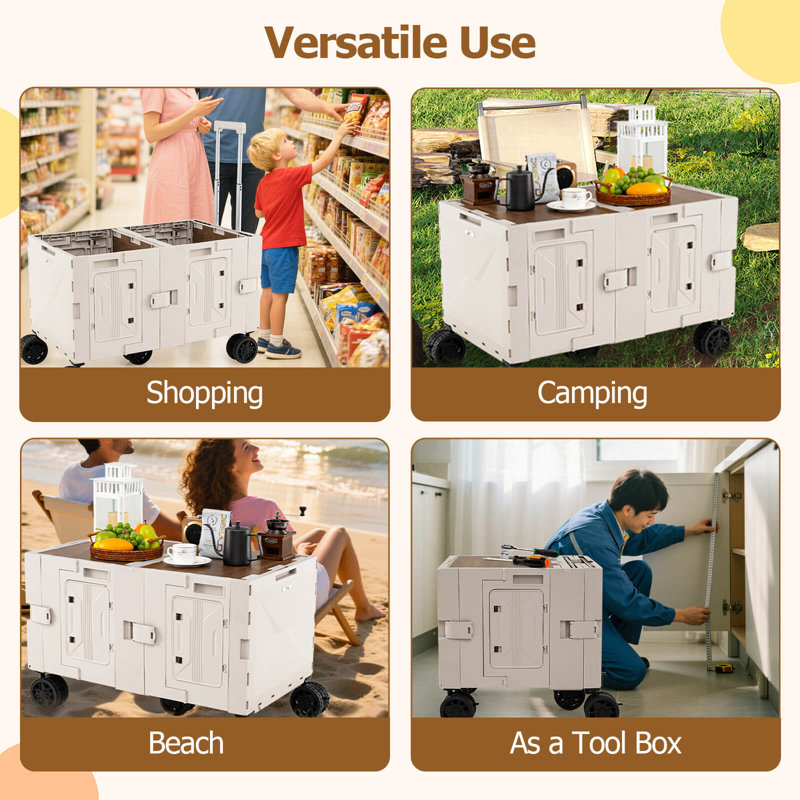 Large Foldable Utility Cart with  2-Tier Storage Crates 5 Rotate Wheels Metal White, White