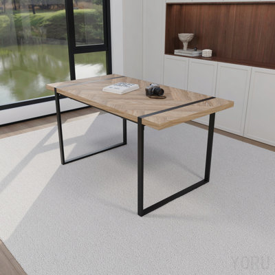 59" Modern Industrial Rectangular Dining Table 1.5" Thick Mdf Light Wood Black Rectangular Metal Legs 4-6 Person