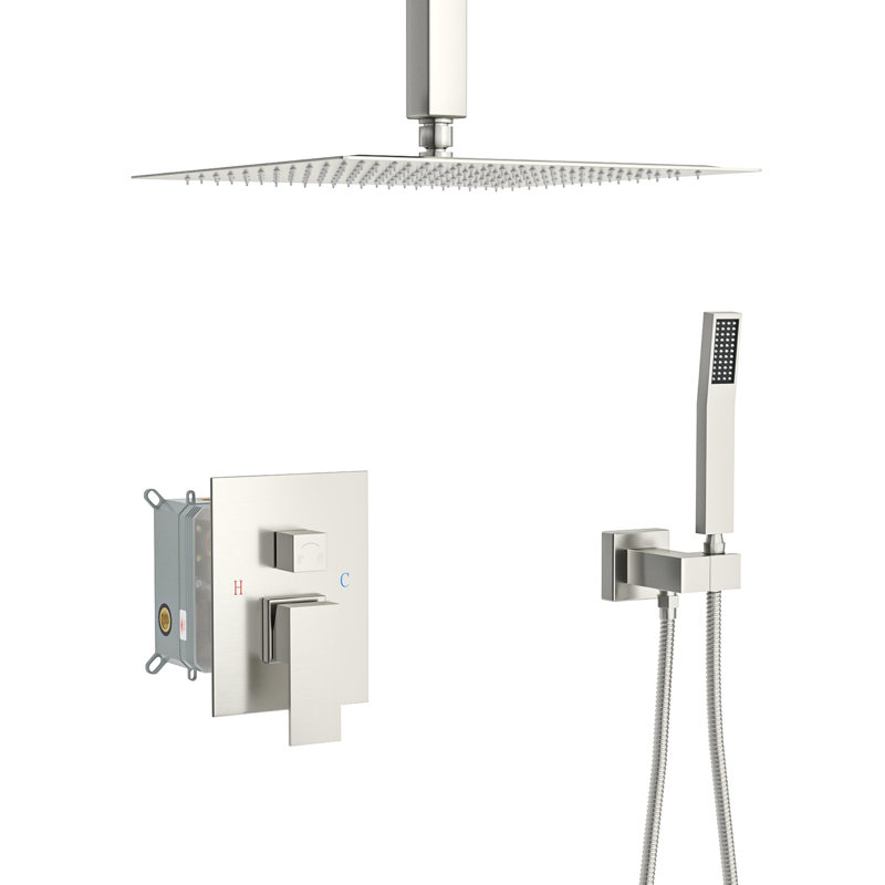 Système de douche en nickel brossé - Tête de plafond double à fixation au plafond de 12 pouces avec pluie et douchette, pour une expérience apaisante Boyau carré de 59 po de portée prolongée
