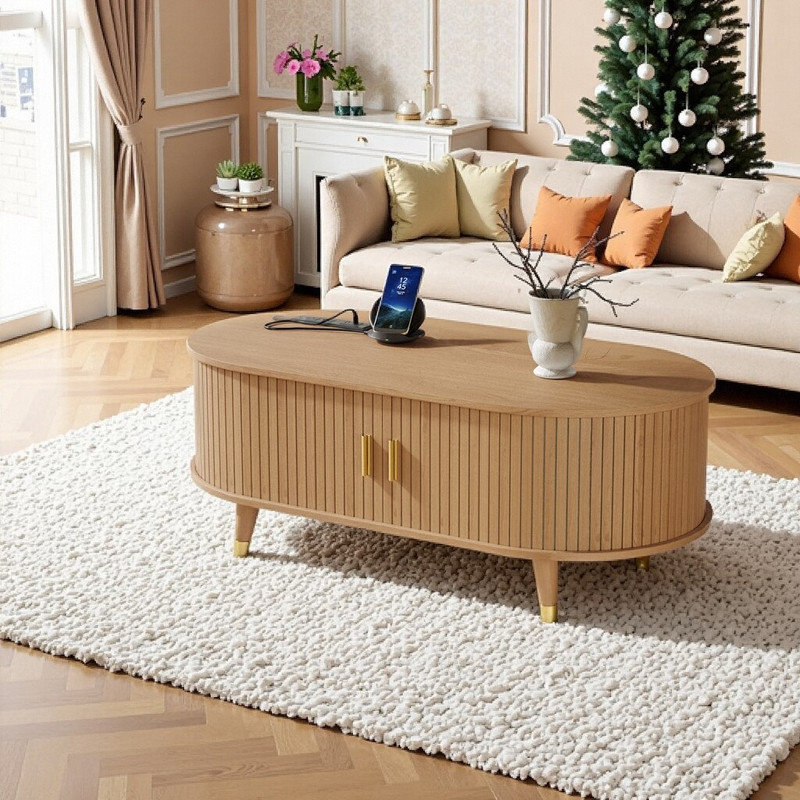 Table basse ovale cannelée avec station de charge, Naturel