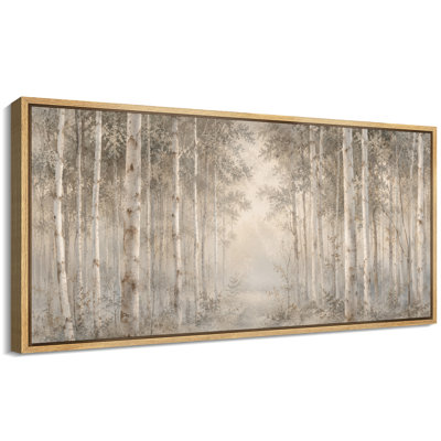 White Birch Forest Foggy Woodland Landscape Wall Decor - Large Framed Canvas Master Bedroom Wall Art Print