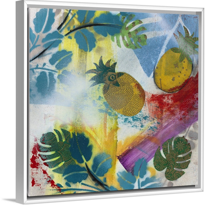 « new tropical bliss ii », peinture sur toile, H 31,7 po x l 31,7 po x p 1,75 po, Cadre flottant blanc