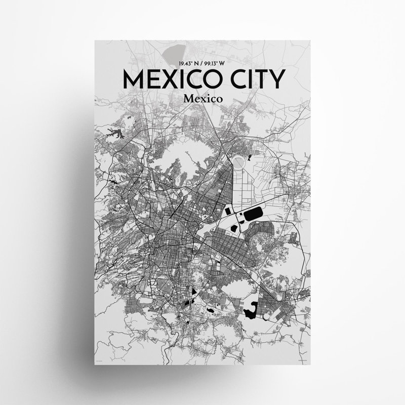«Mexico City Map», impression, Noir / blanc, H 36 po x l 24 po
