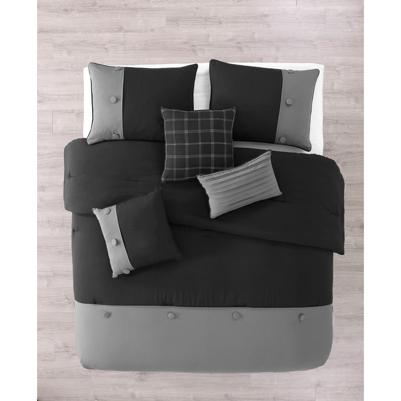 Polyester Striped Comforter, King Comforter + 3 Throw Pillows + 2 Shams, Black/Gray