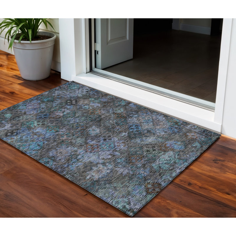3' X 5' Teal Blue And Charcoal Floral Washable Indoor Outdoor Area Rug