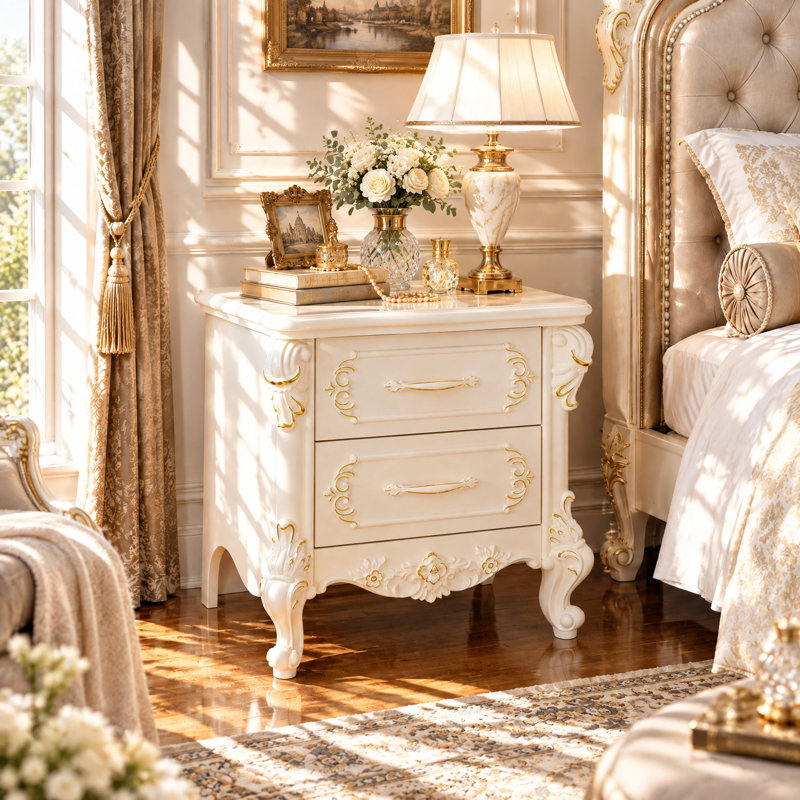 18.9" W French-Inspired Nightstand with 2 Drawers, Gold Floral Accents and Cabriole Legs