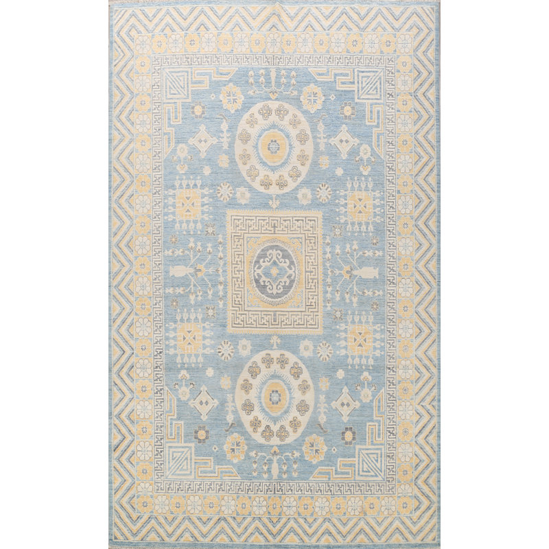 Tapis décoratif en laine de conception unique bleu/beige noué à la main New Age Khotan