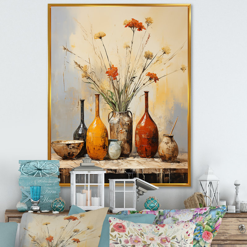 Élément décoratif de poterie florale jaune naturel I - Boho Pottery, H 20 po x l 12 po x P 1 po, Cadre flottant doré